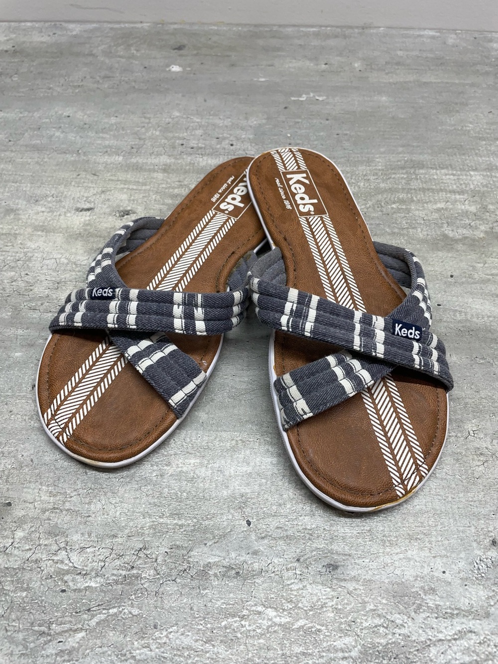 Keds Slide Sandals Womens 6 Navy Blue White‎ Striped Nautical Good Criss Cross